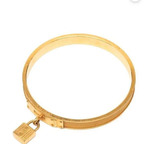 Hermes Kelly Cadena bangle bracelet lock Motif Yellow Leather inlay gold trim - Picture 3 of 5